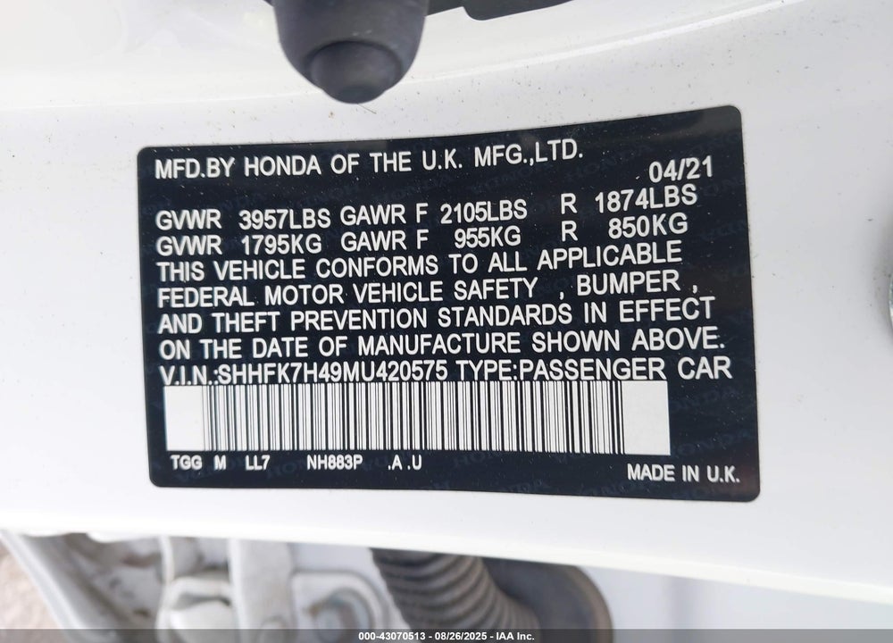 2021 HONDA CIVIC SPORT VIN: SHHFK7H49MU420575