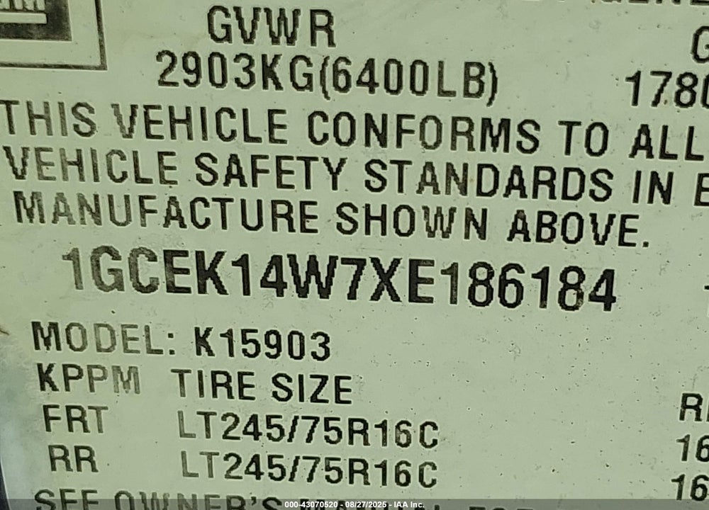 1999 CHEVROLET SILVERADO 1500 VIN: 1GCEK14W7XE186184