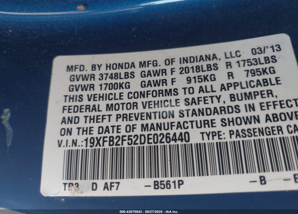 2013 HONDA CIVIC VIN: 19XFB2F52DE026440