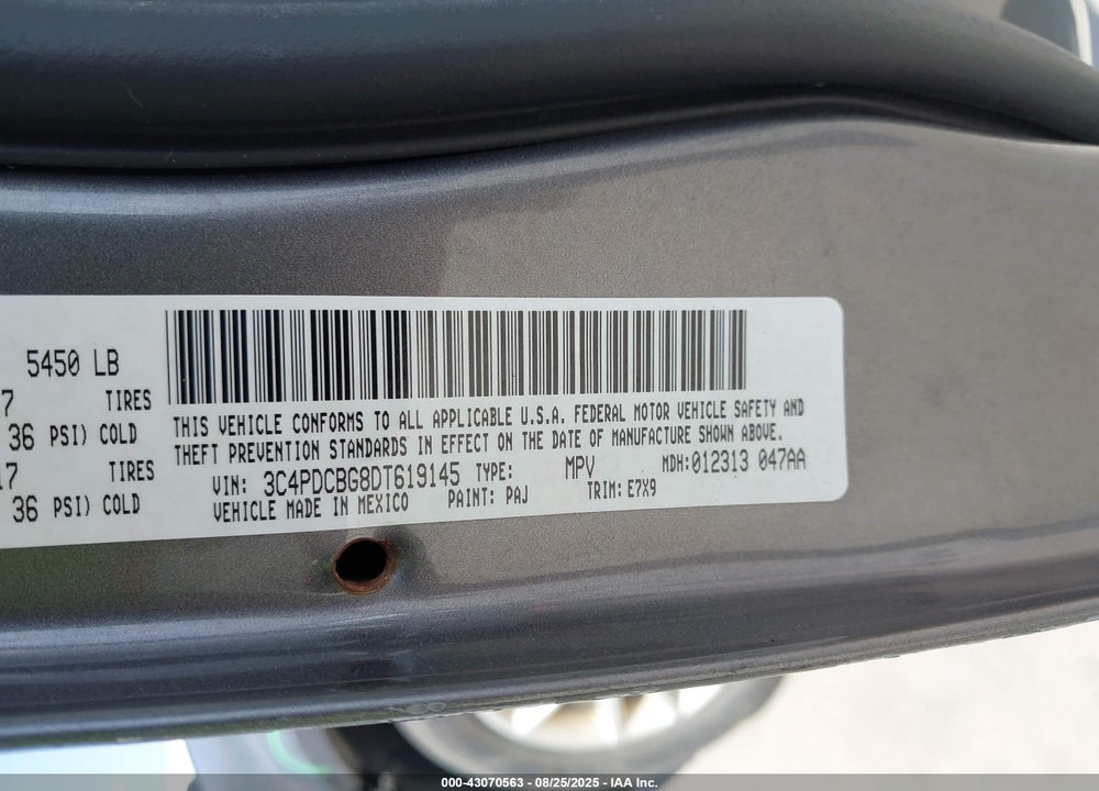 2013 DODGE JOURNEY VIN: 3C4PDCBG8DT619145