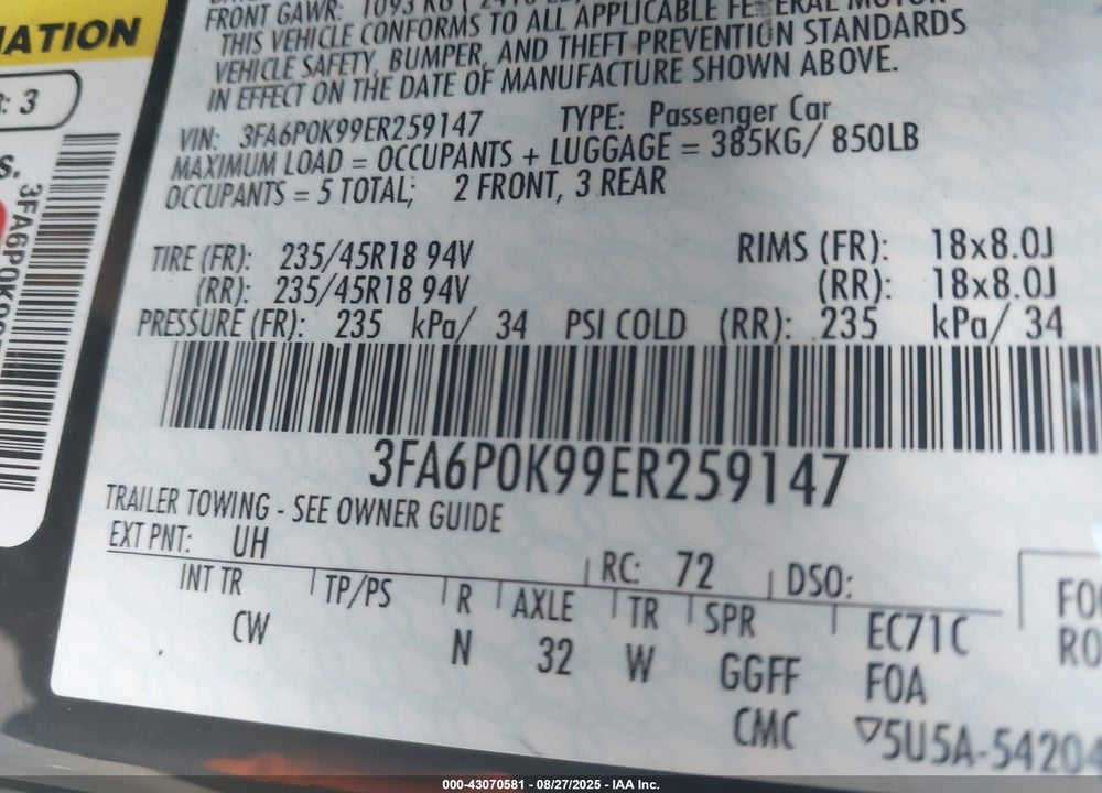 2014 FORD FUSION VIN: 3FA6P0K99ER259147
