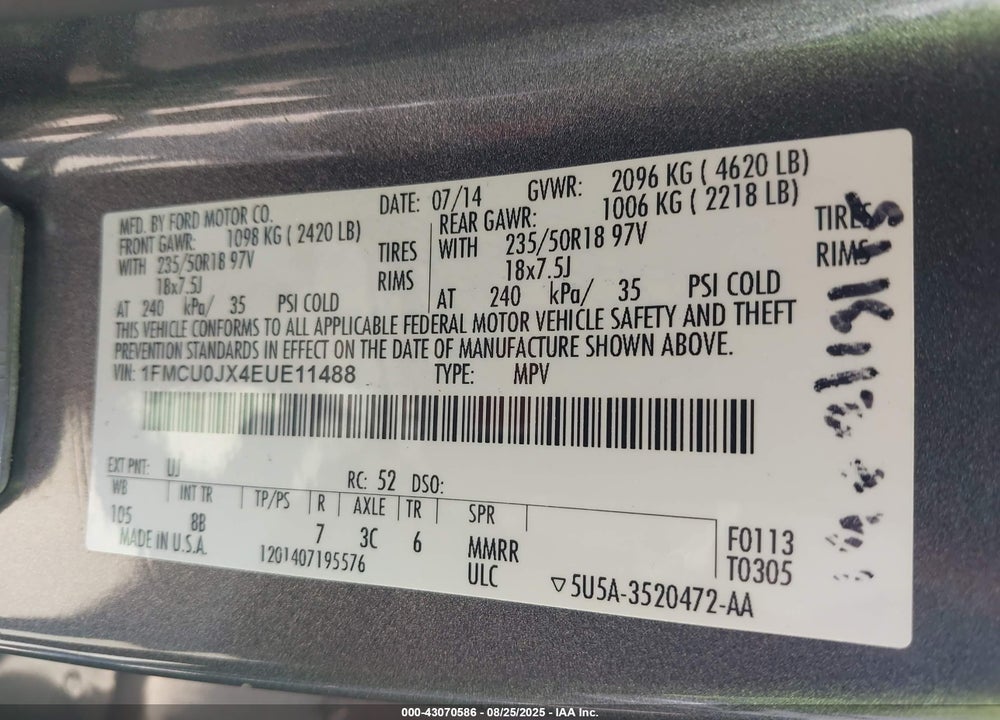 2014 FORD ESCAPE VIN: 1FMCU0JX4EUE11488