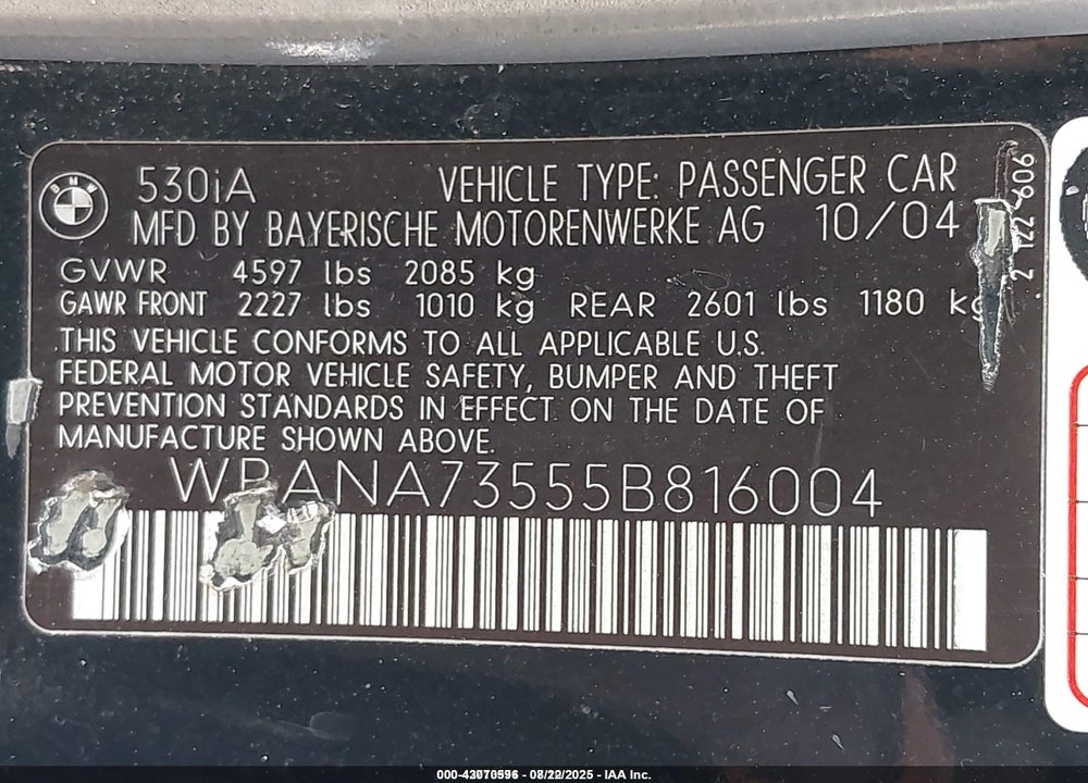2005 BMW 530I VIN: WBANA73555B816004