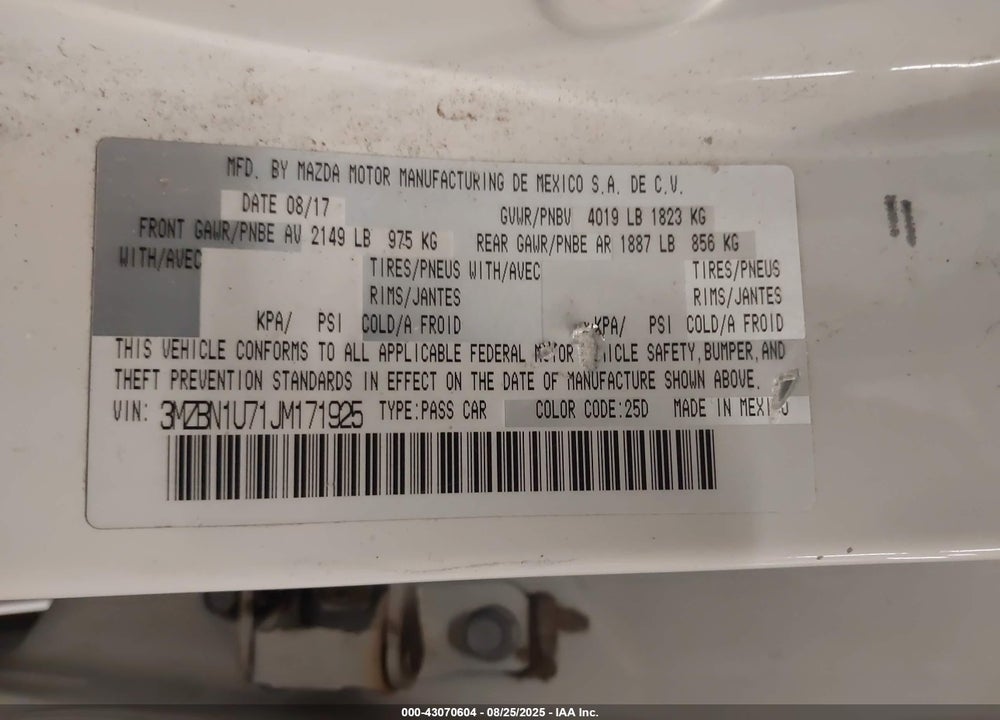 2018 MAZDA 3 VIN: 3MZBN1U71JM171925