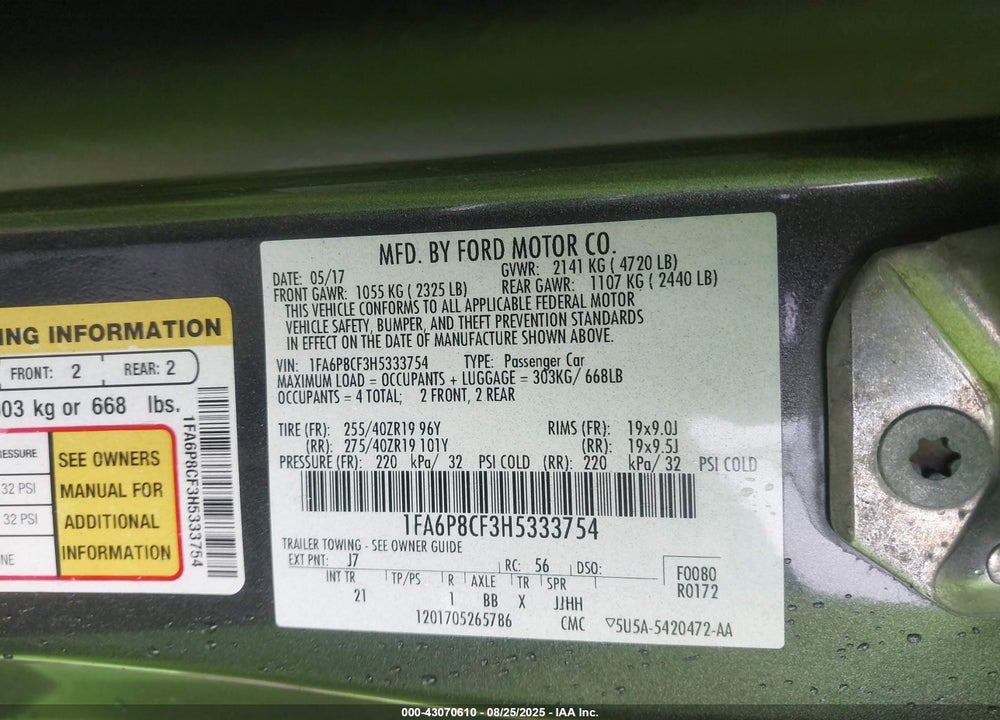 2017 FORD MUSTANG VIN: 1FA6P8CF3H5333754
