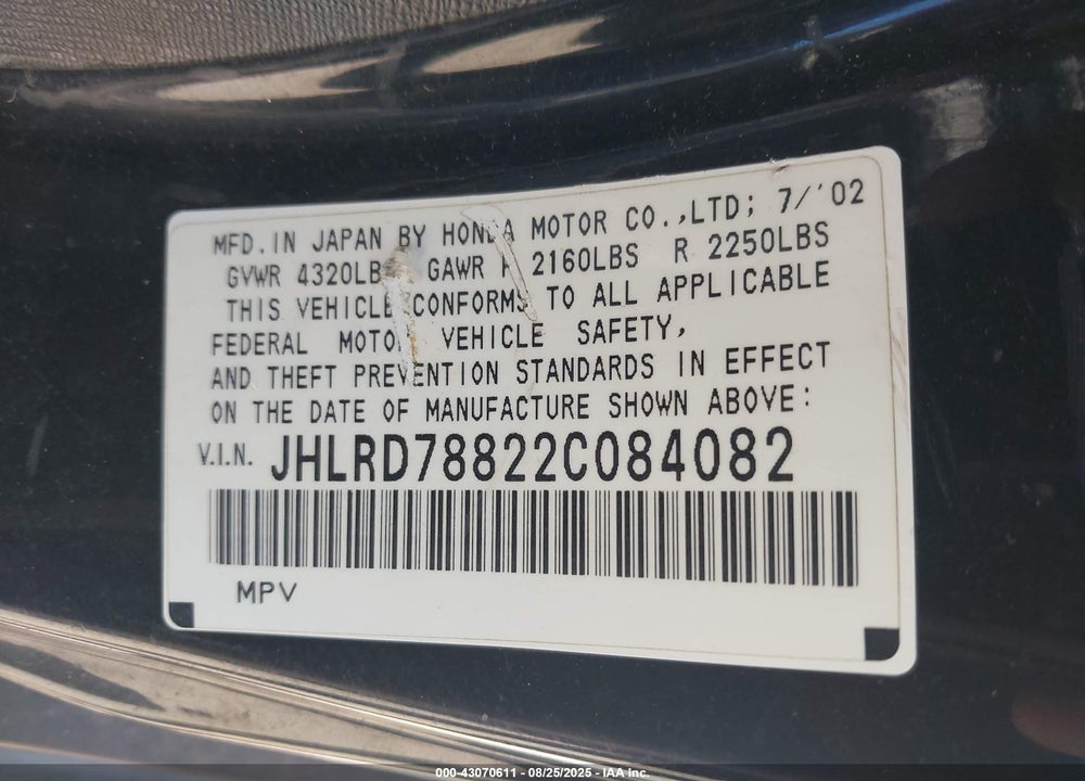 2002 HONDA CR-V EX VIN: JHLRD78822C084082