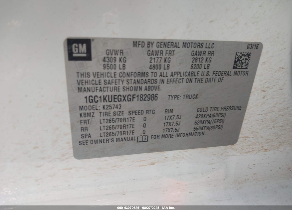 2016 CHEVROLET SILVERADO 2500 VIN: 1GC1KUEGXGF182986