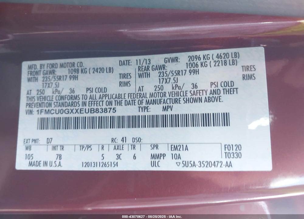 2014 FORD ESCAPE VIN: 1FMCU0GXXEUB83875
