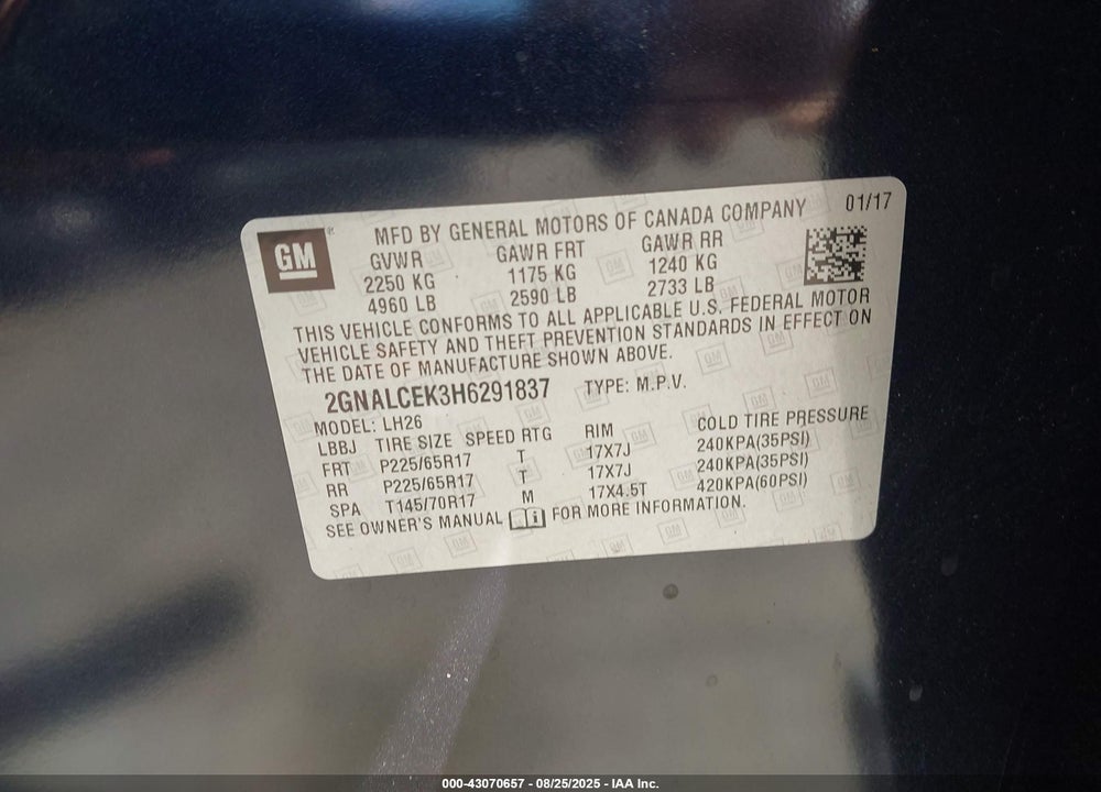2017 CHEVROLET EQUINOX VIN: 2GNALCEK3H6291837
