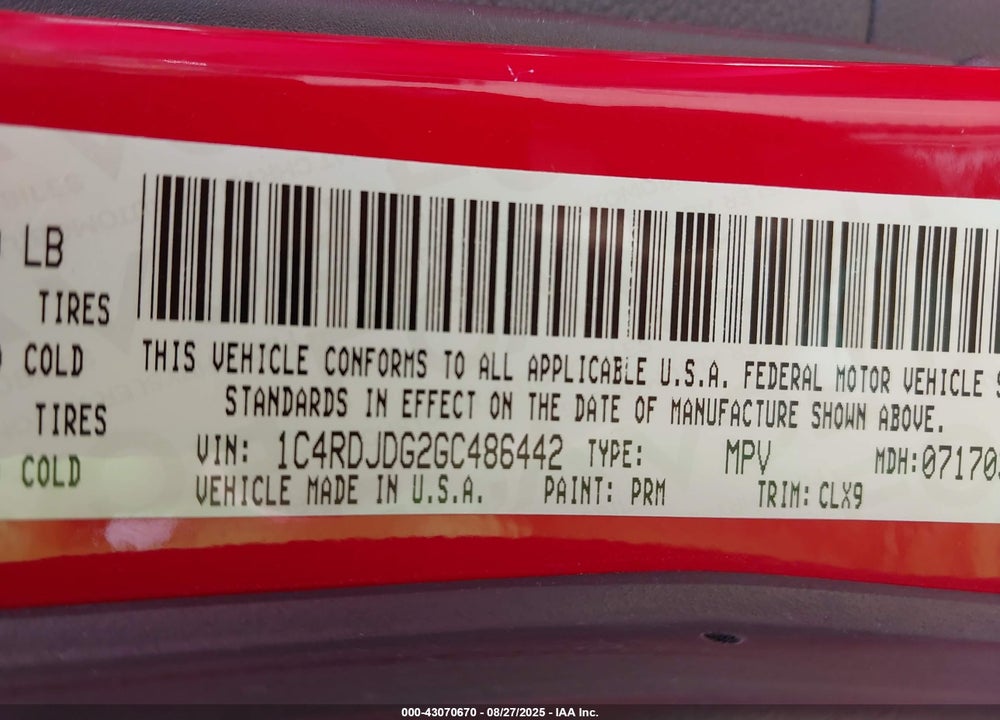2016 DODGE DURANGO LIMITED VIN: 1C4RDJDG2GC486442