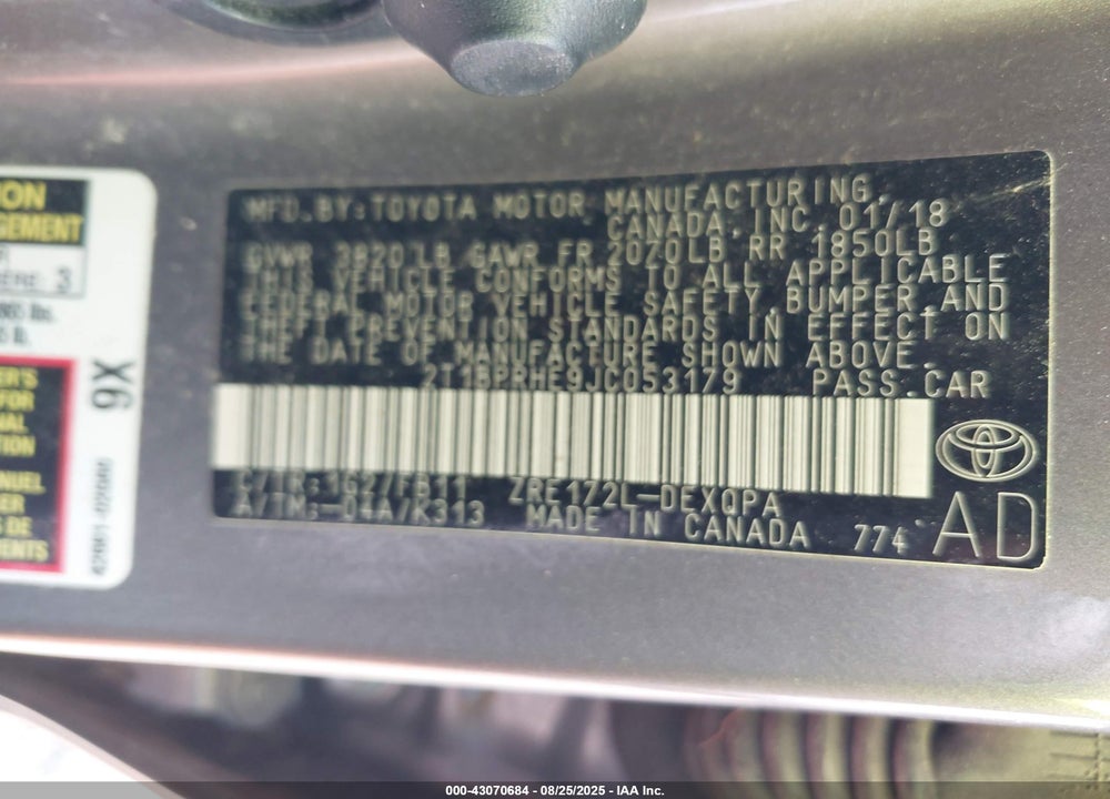 2018 TOYOTA COROLLA VIN: 2T1BPRHE9JC053179
