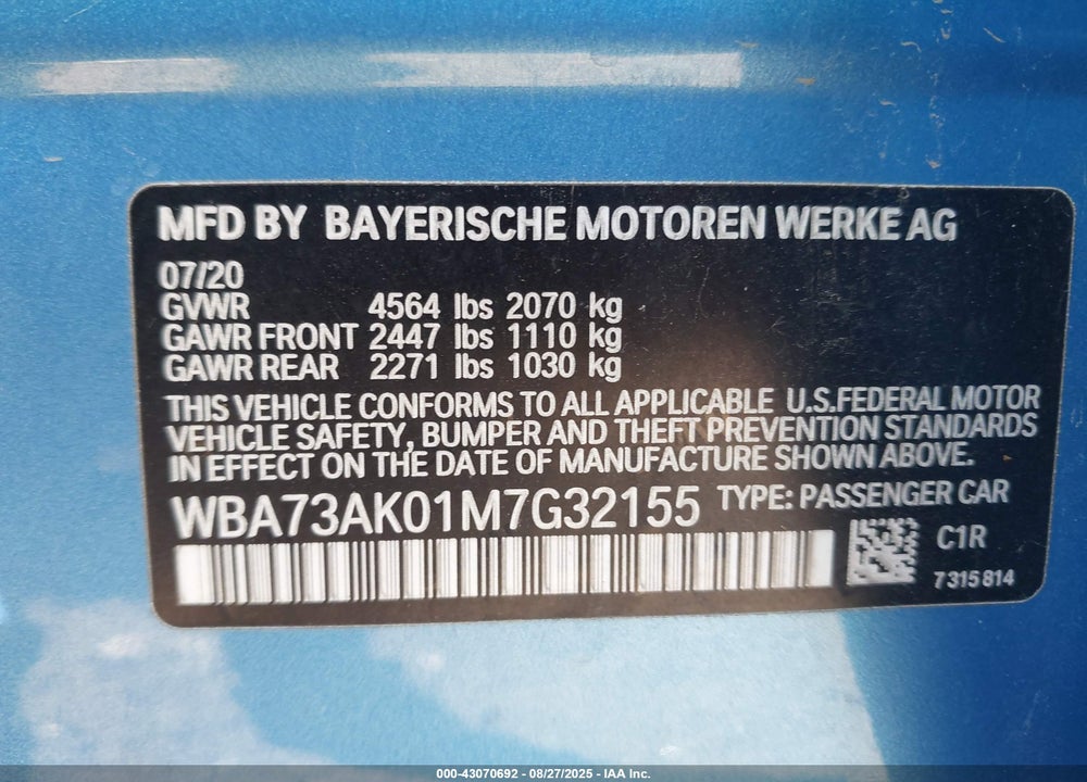 2021 BMW 2 SERIES VIN: WBA73AK01M7G32155