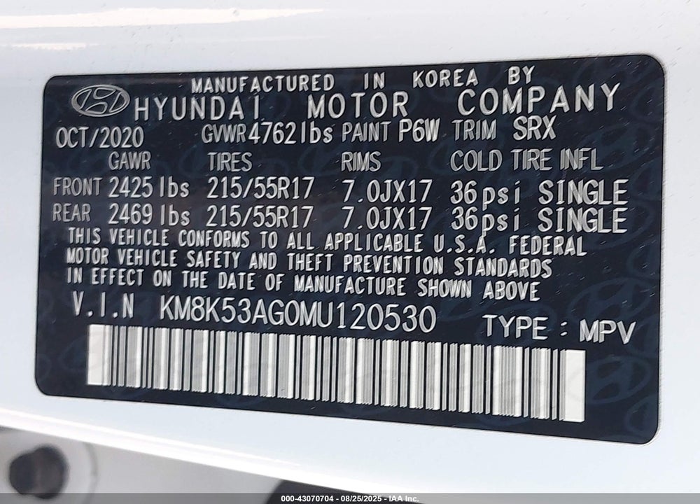 2021 HYUNDAI KONA VIN: KM8K53AG0MU120530