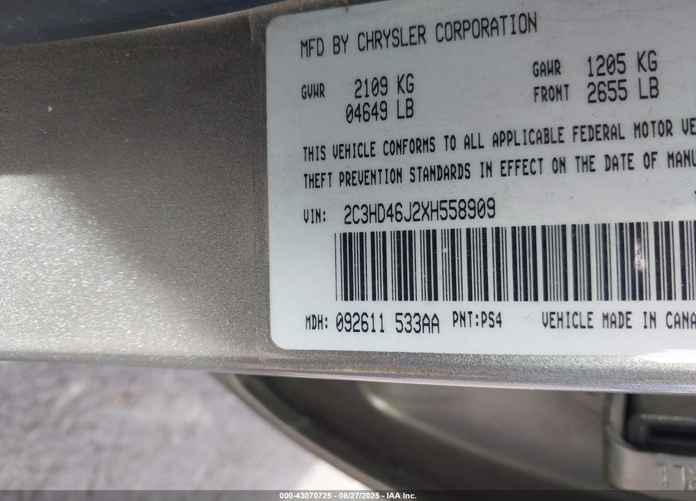 1999 CHRYSLER CONCORDE LX VIN: 2C3HD46J2XH558909