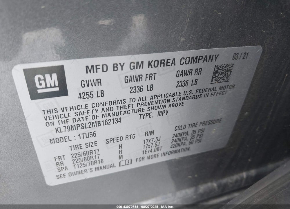 2021 CHEVROLET TRAILBLAZER VIN: KL79MPSL2MB162134