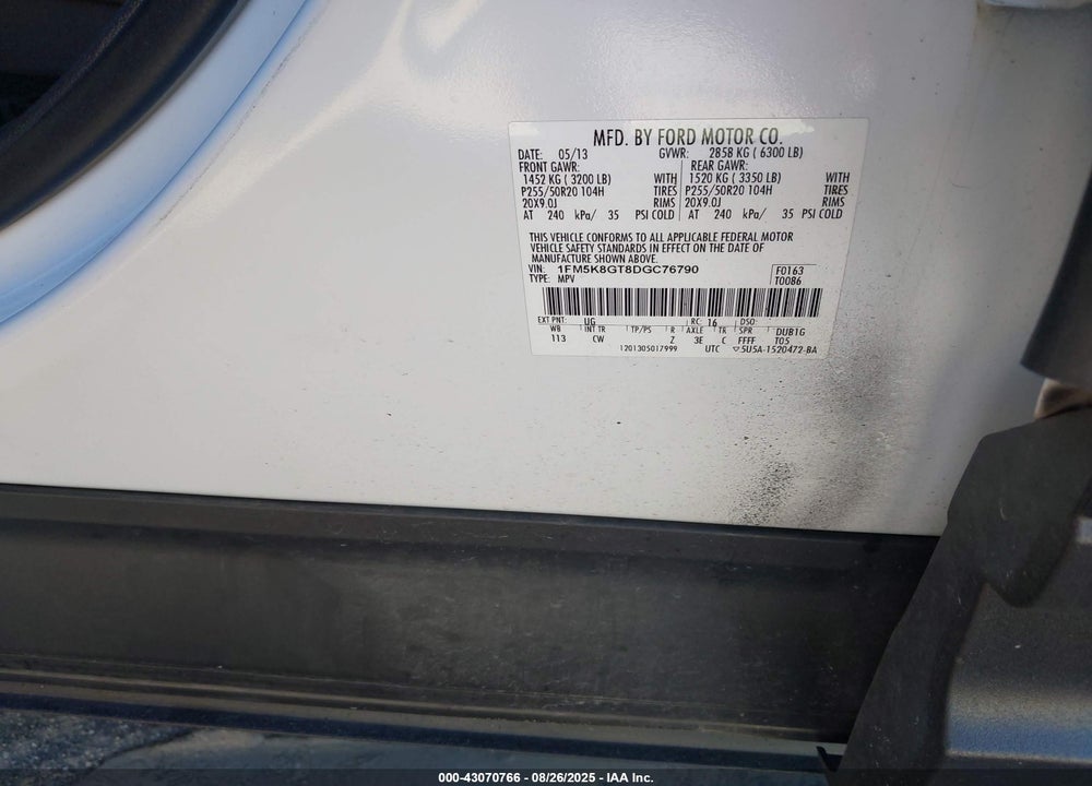 2013 FORD EXPLORER VIN: 1FM5K8GT8DGC76790