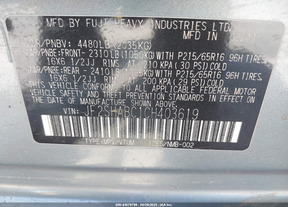 2012 SUBARU FORESTER VIN: JF2SHABC1CH403619