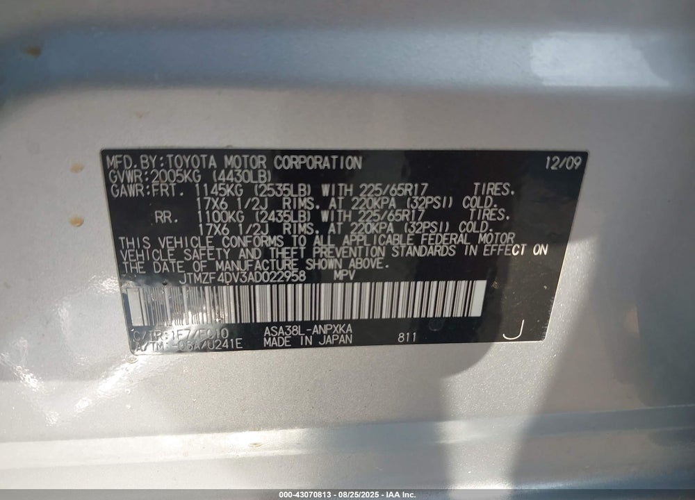 2010 TOYOTA RAV4 VIN: JTMZF4DV3AD022958