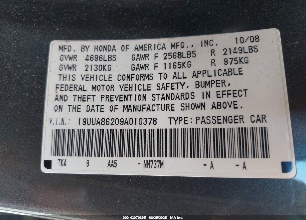 2009 ACURA TL VIN: 19UUA86209A010378