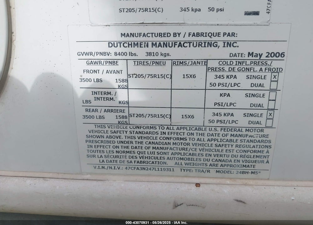 2007 DUTCHMAN OTHER VIN: 47CFA3N247L119311