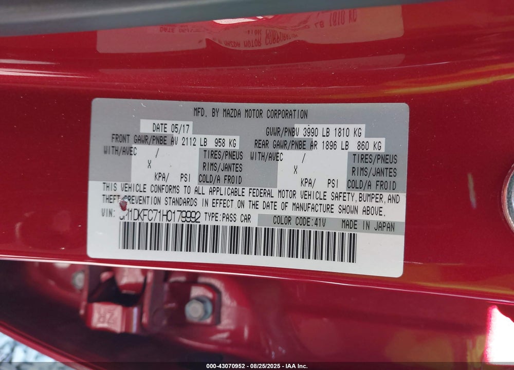 2017 MAZDA CX-3 VIN: JM1DKFC71H0179992