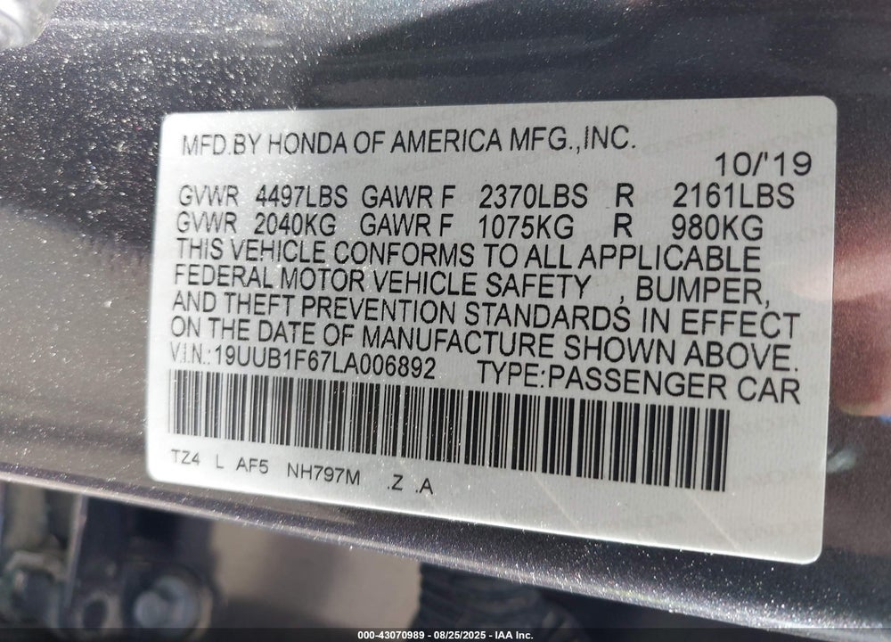 2020 ACURA TLX VIN: 19UUB1F67LA006892