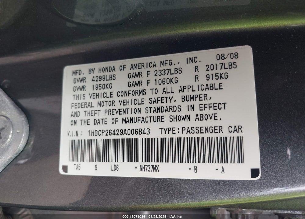 2009 HONDA ACCORD VIN: 1HGCP26429A006843