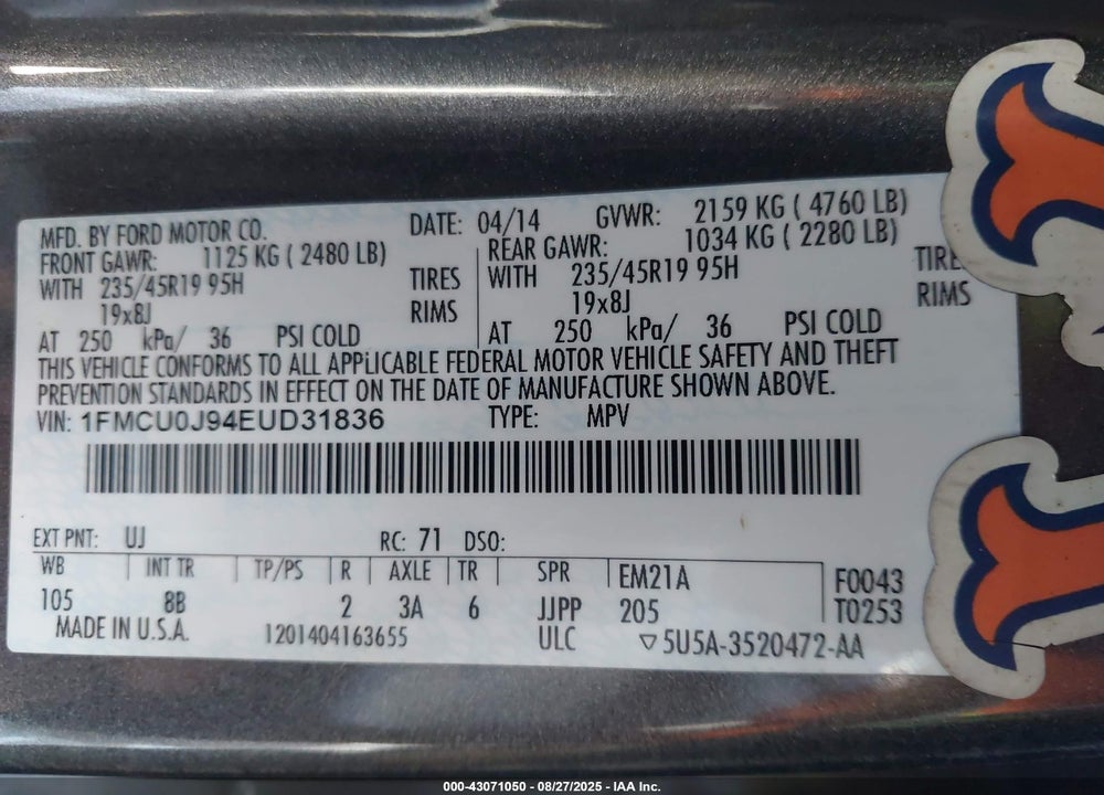 2014 FORD ESCAPE VIN: 1FMCU0J94EUD31836