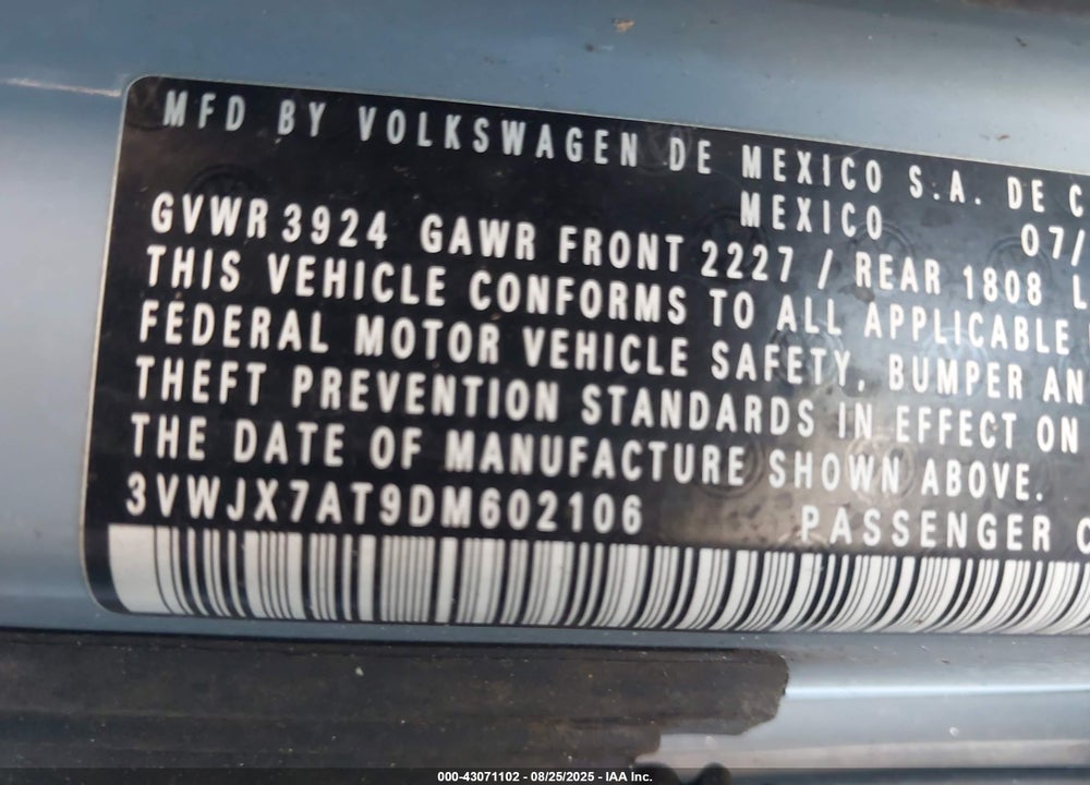 2013 VOLKSWAGEN BEETLE VIN: 3VWJX7AT9DM602106