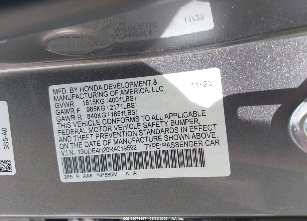 2024 ACURA INTEGRA VIN: 19UDE4H20RA019592