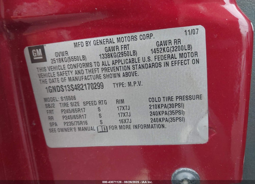 2008 CHEVROLET TRAILBLAZER LT VIN: 1GNDS13S482170299