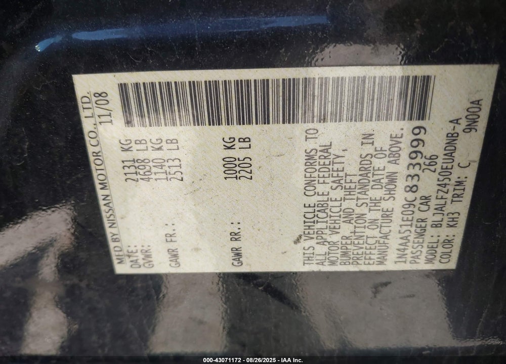 2009 NISSAN MAXIMA VIN: 1N4AA51E09C833999