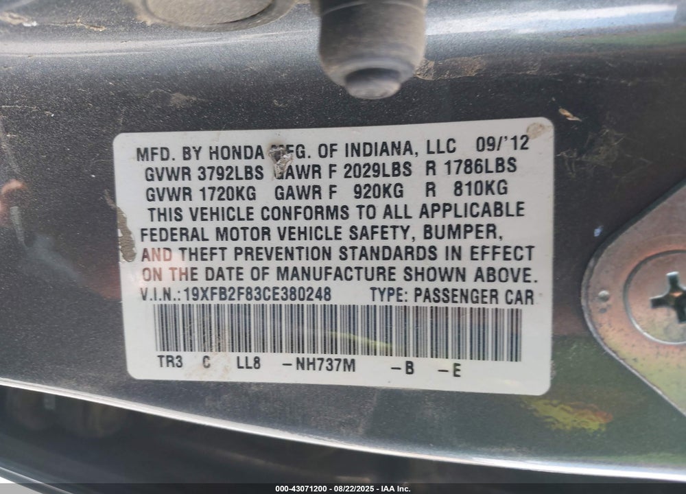 2012 HONDA CIVIC VIN: 19XFB2F83CE380248