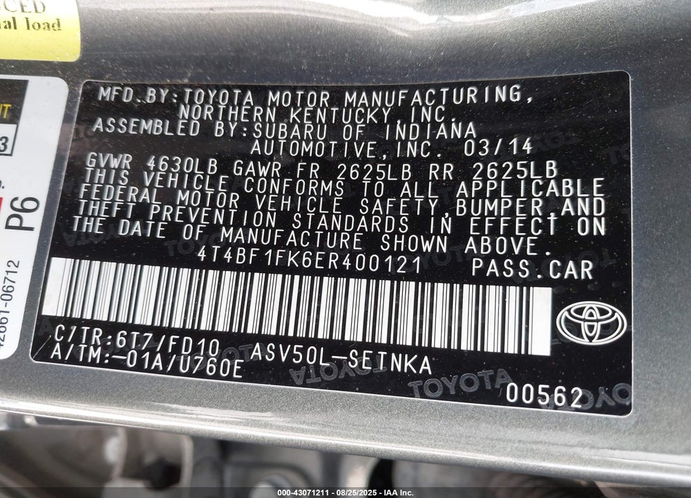 2014 TOYOTA CAMRY LE VIN: 4T4BF1FK6ER400121