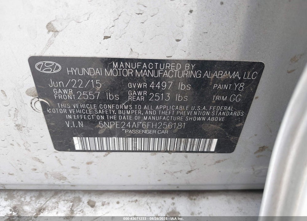 2015 HYUNDAI SONATA SE VIN: 5NPE24AF6FH256181