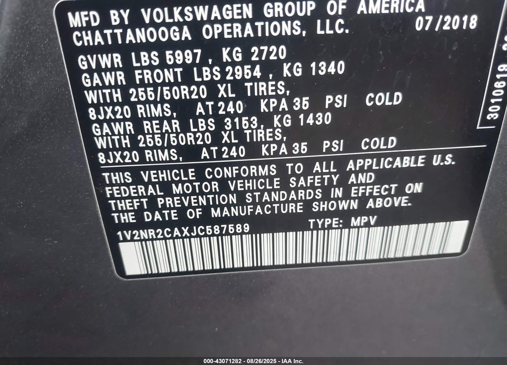 2018 VOLKSWAGEN ATLAS 3.6L V6 SEL PREMIUM VIN: 1V2NR2CAXJC587589