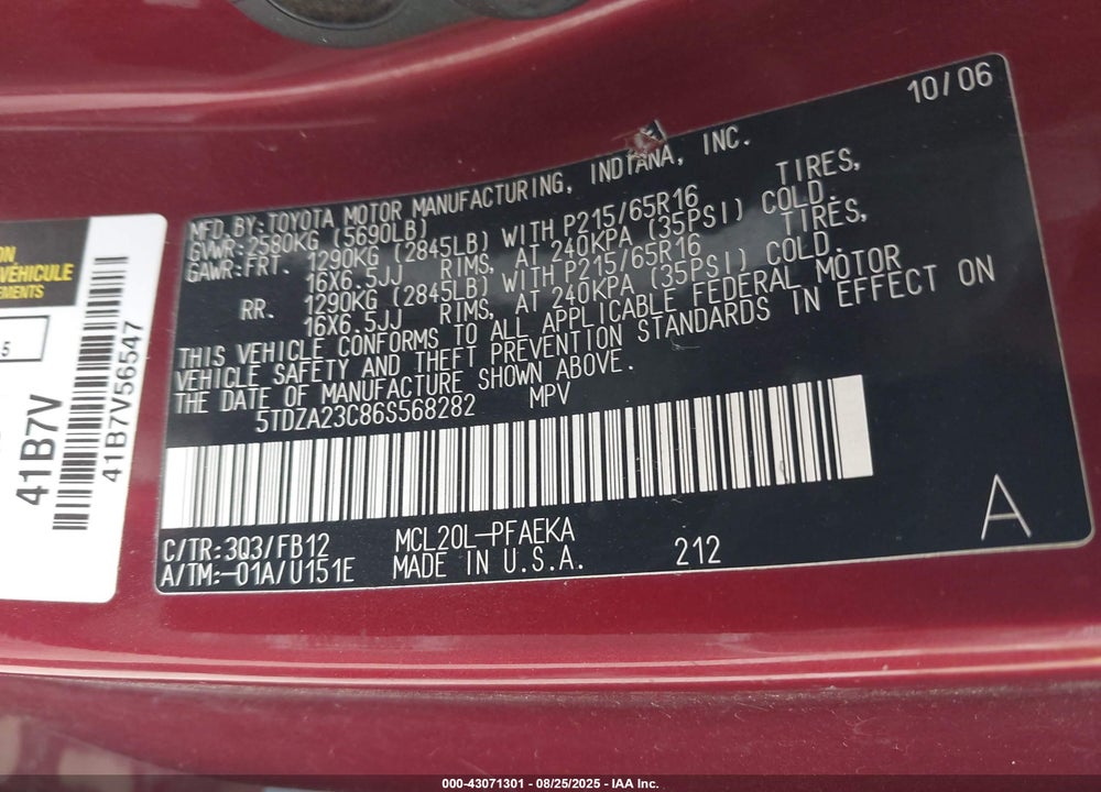 2006 TOYOTA SIENNA CE VIN: 5TDZA23C86S568282