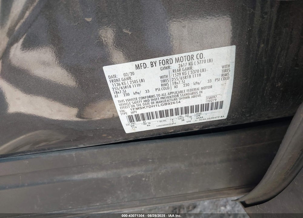 2020 FORD EXPLORER XLT VIN: 1FMSK7DH1LGB92614