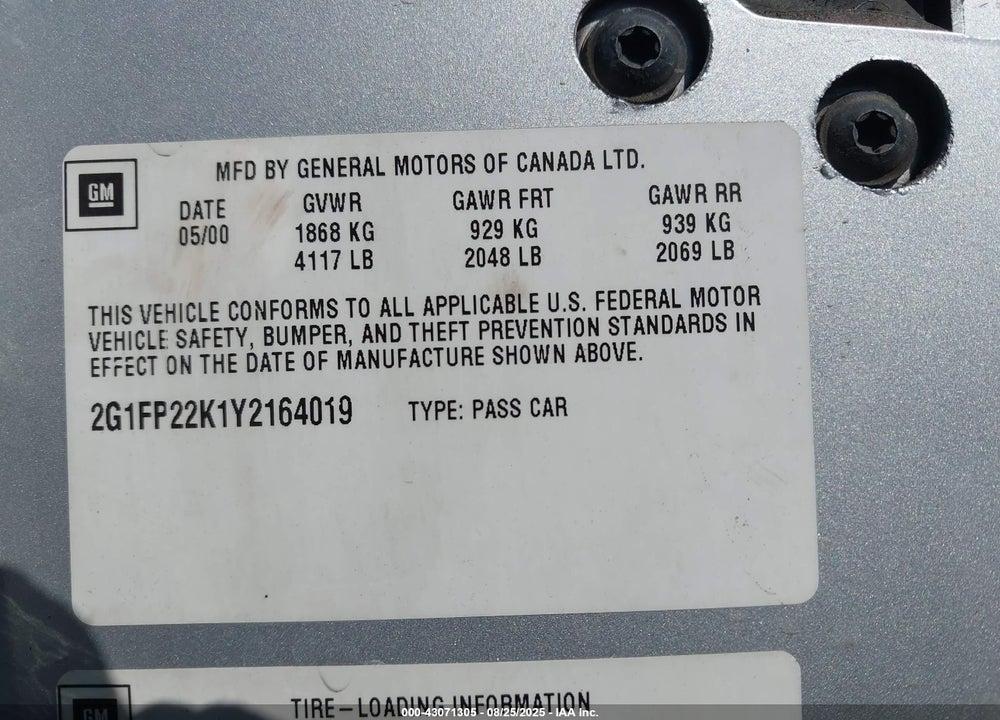 2000 CHEVROLET CAMARO VIN: 2G1FP22K1Y2164019