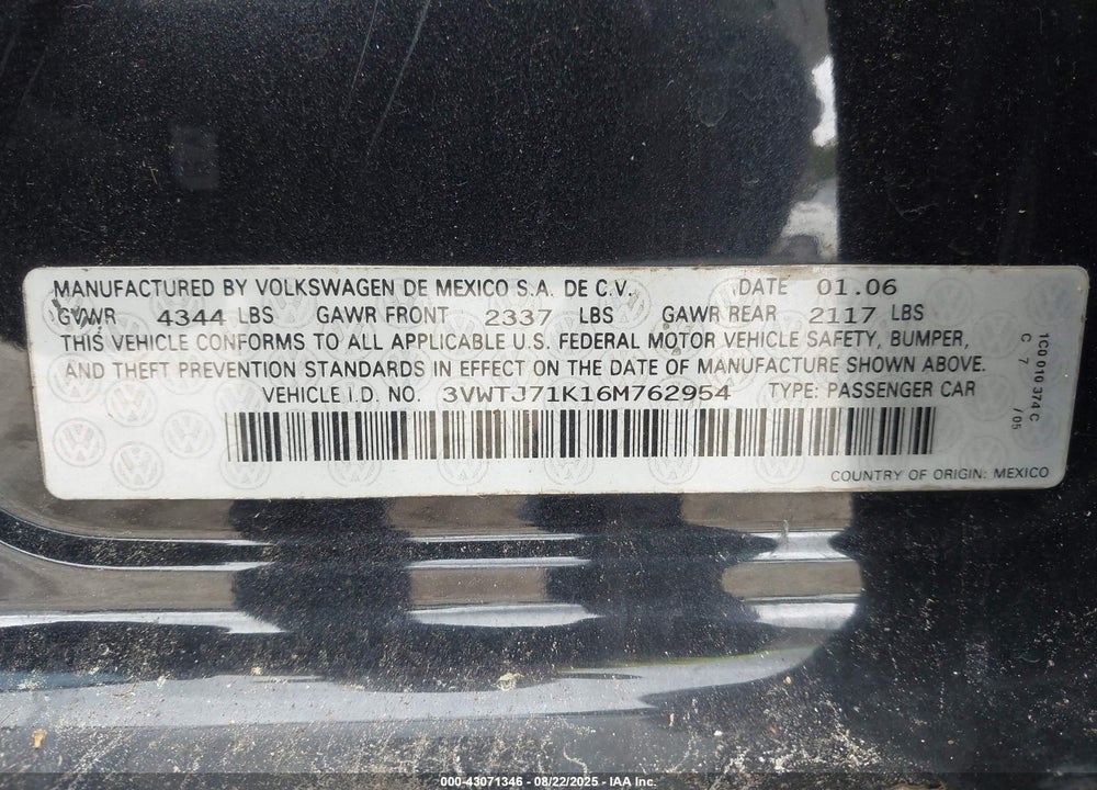 2006 VOLKSWAGEN JETTA GLI VIN: 3VWTJ71K16M762954