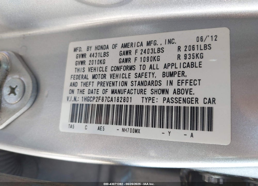 2012 HONDA ACCORD VIN: 1HGCP2F87CA182801