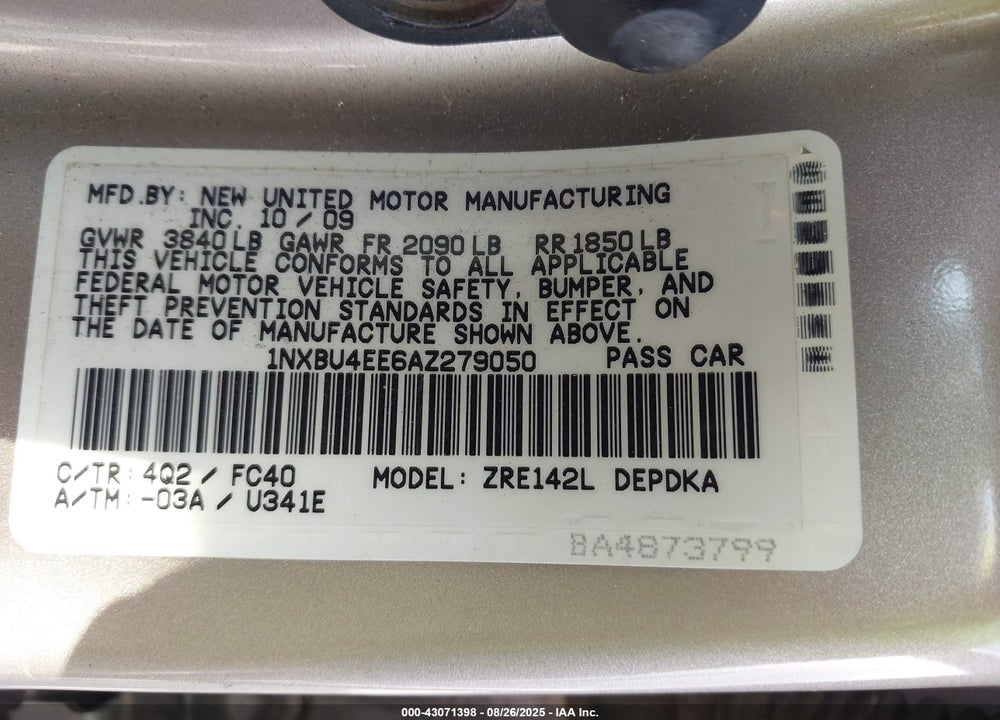 2010 TOYOTA COROLLA VIN: 1NXBU4EE6AZ279050