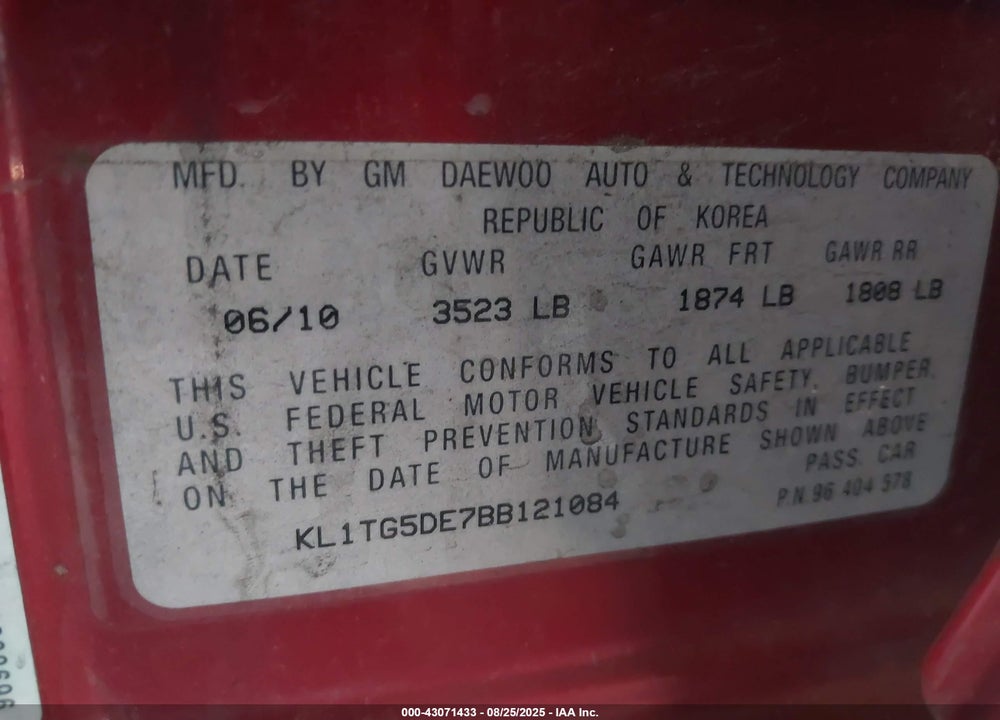 2011 CHEVROLET AVEO VIN: KL1TG5DE7BB121084
