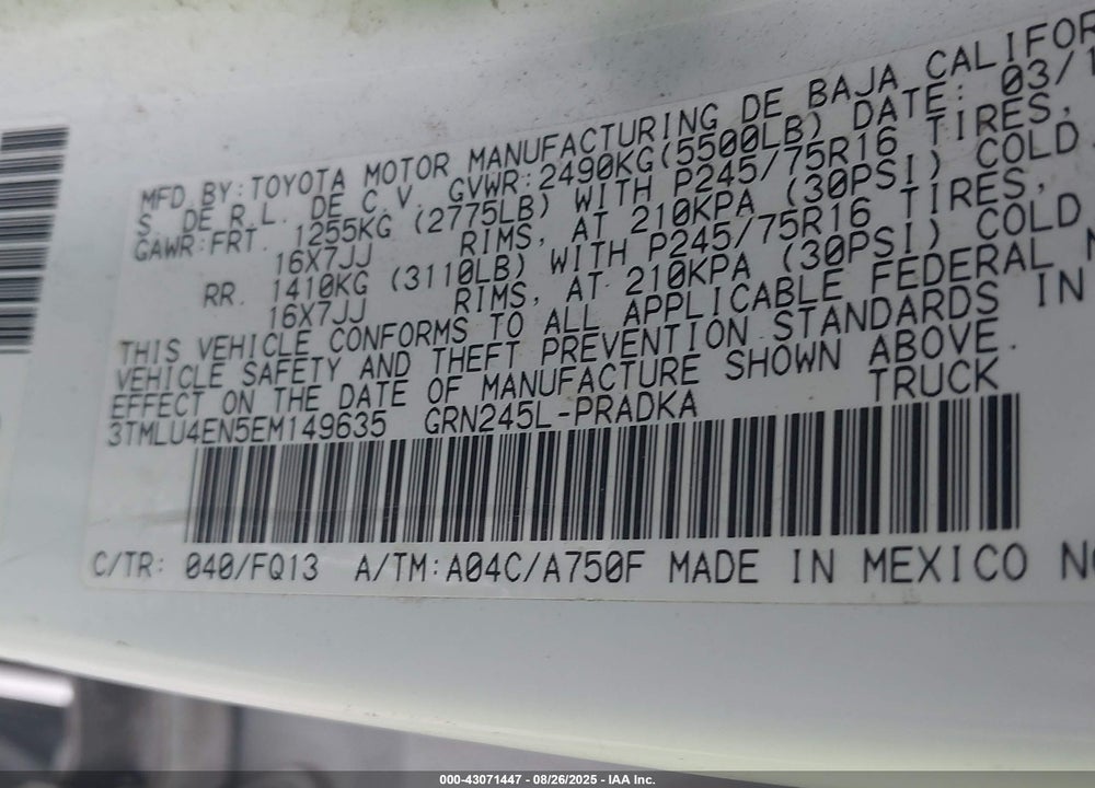 2014 TOYOTA TACOMA VIN: 3TMLU4EN5EM149635