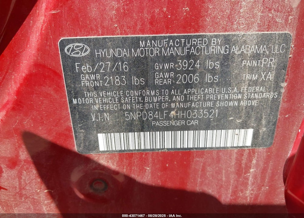 2017 HYUNDAI ELANTRA SE VIN: 5NPD84LF4HH033521