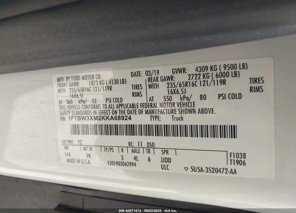 2019 FORD TRANSIT-350 VIN: 1FTBW3XM2KKA68924