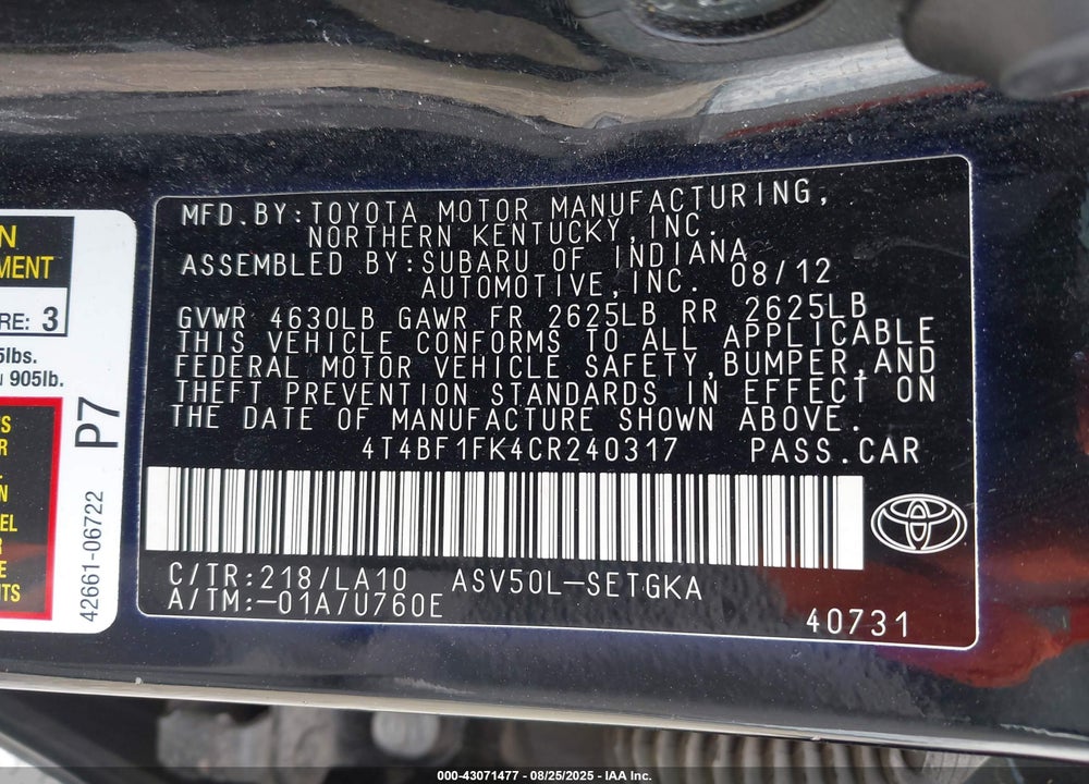 2012 TOYOTA CAMRY VIN: 4T4BF1FK4CR240317