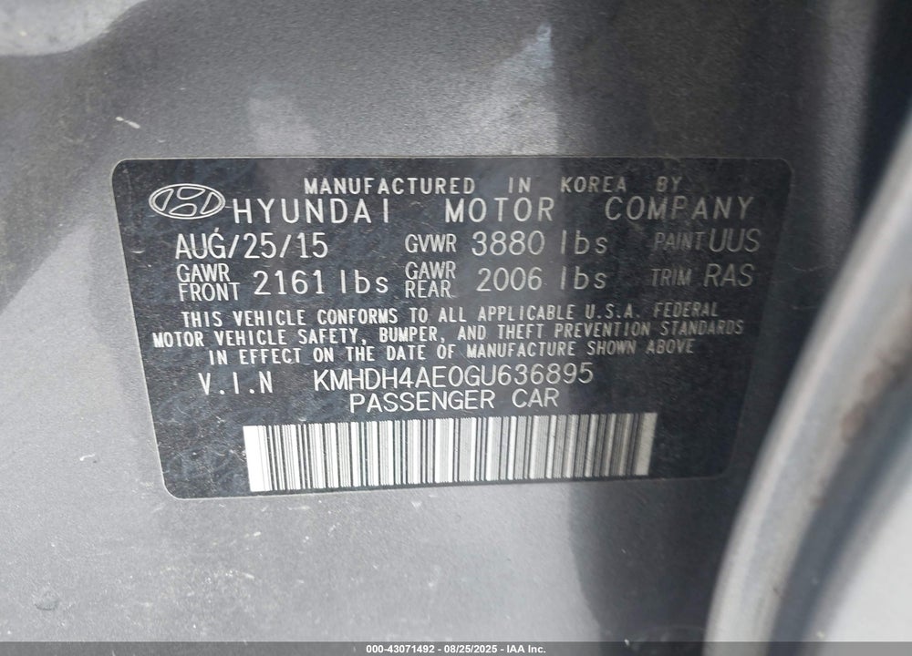 2016 HYUNDAI ELANTRA SE VIN: KMHDH4AE0GU636895