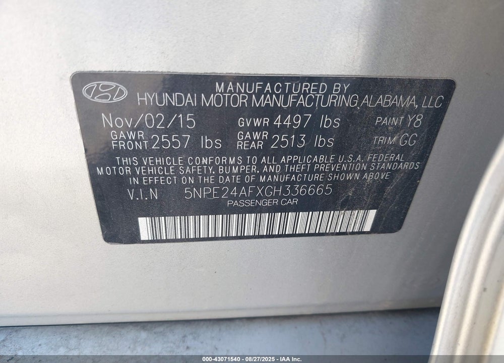 2016 HYUNDAI SONATA SE VIN: 5NPE24AFXGH336665