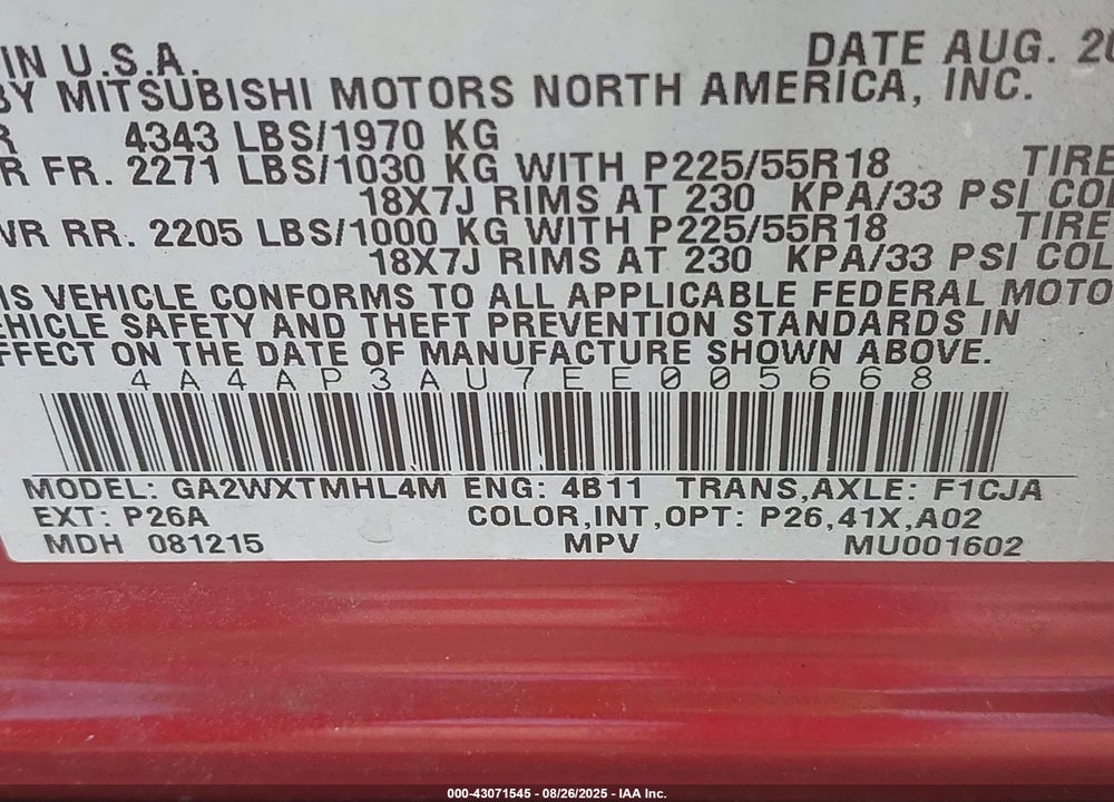 2014 MITSUBISHI OUTLANDER SPORT VIN: 4A4AP3AU7EE005668